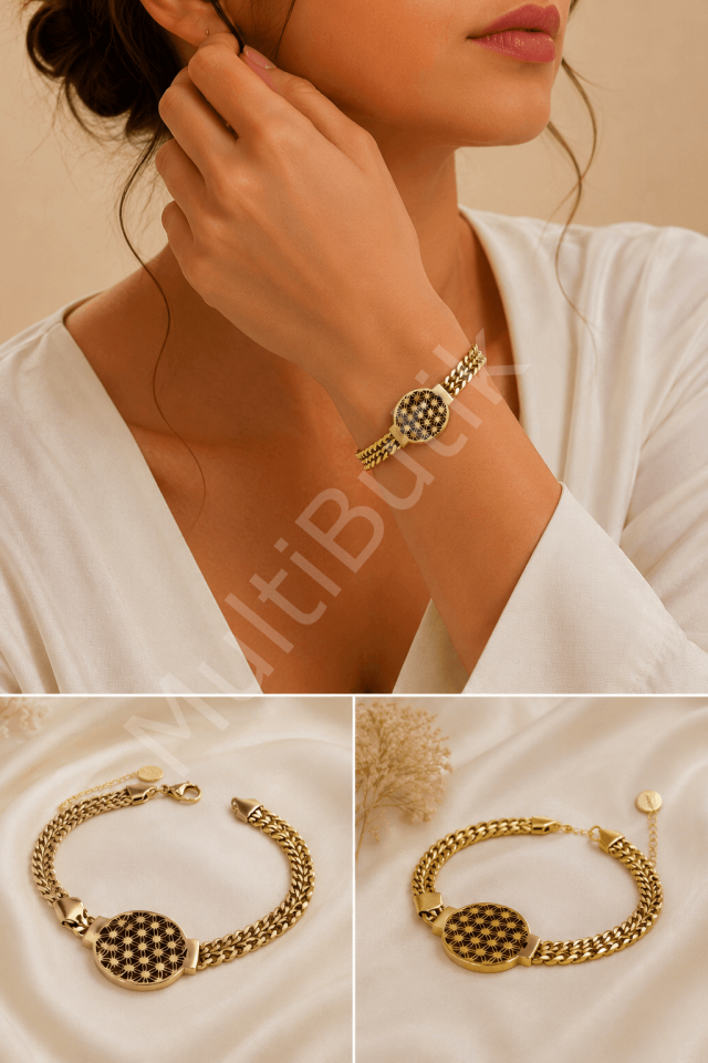 Lotus (Yaşam Çiçeği) Detaylı Çelik Zincir Bileklik