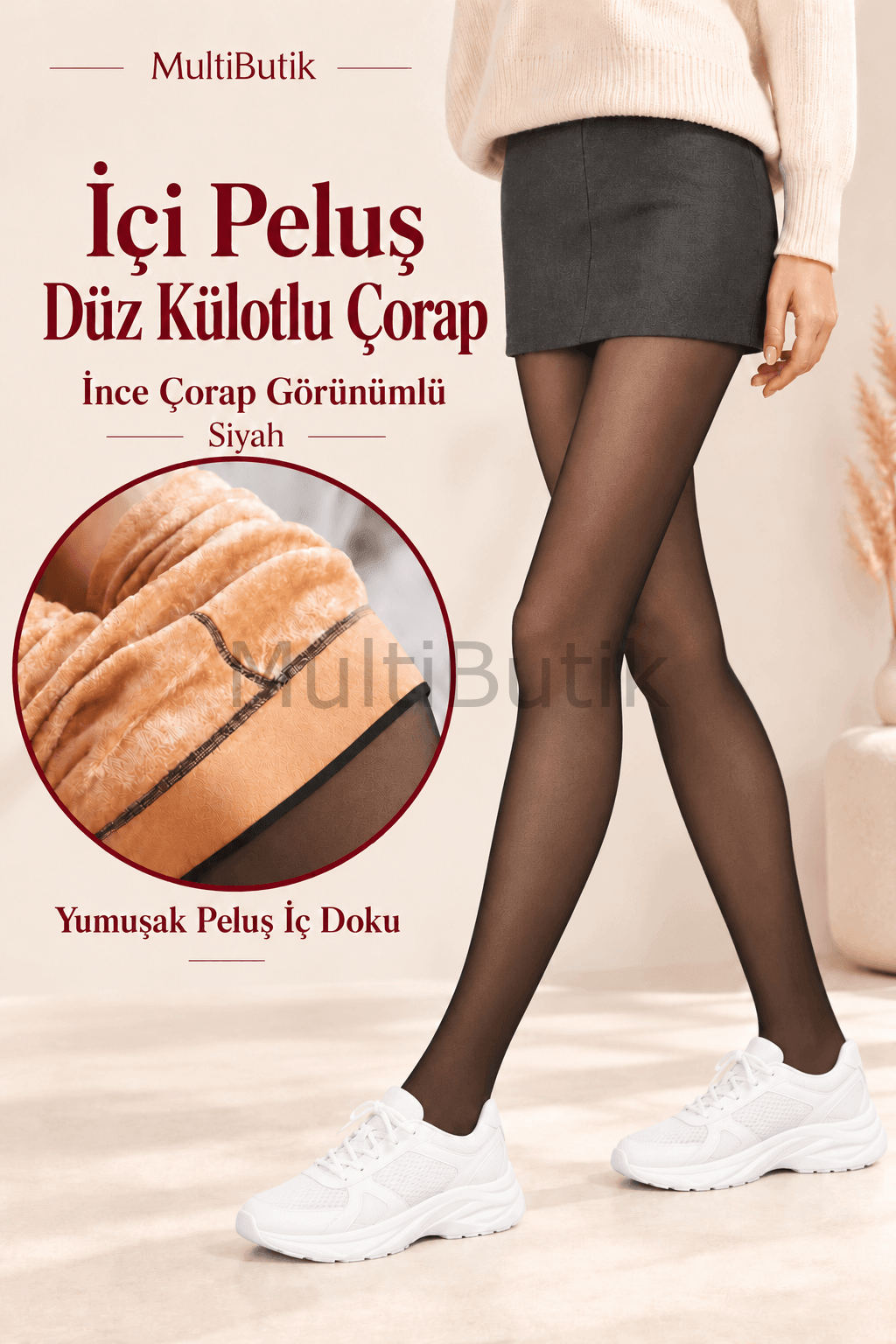Kadın İçi Peluş Külotlu Çorap – İnce Çorap Görünümlü Siyah