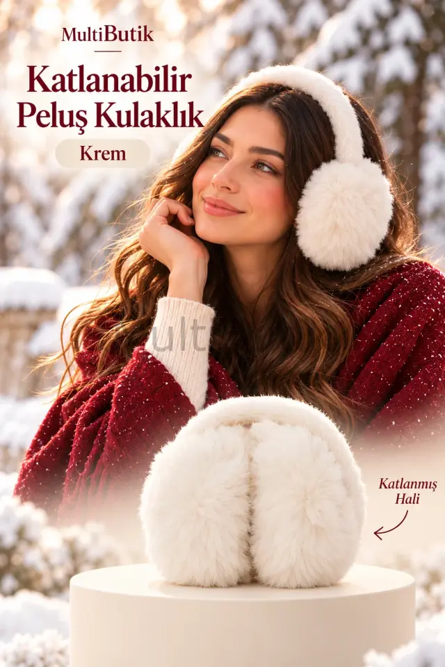 Kadın Katlanabilir Peluş Kulaklık – Krem