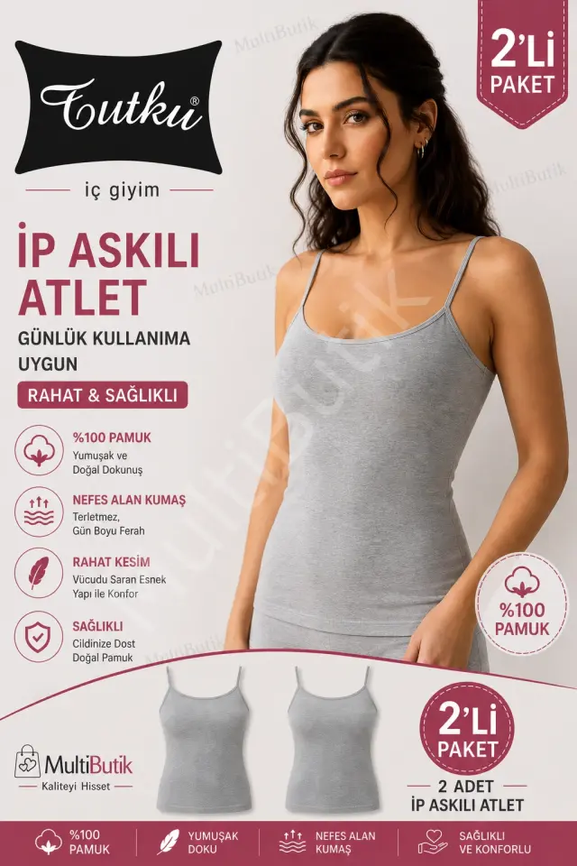 Tutku Kadın Pamuklu Ip Askılı Gri Ribana  Atlet 2'li