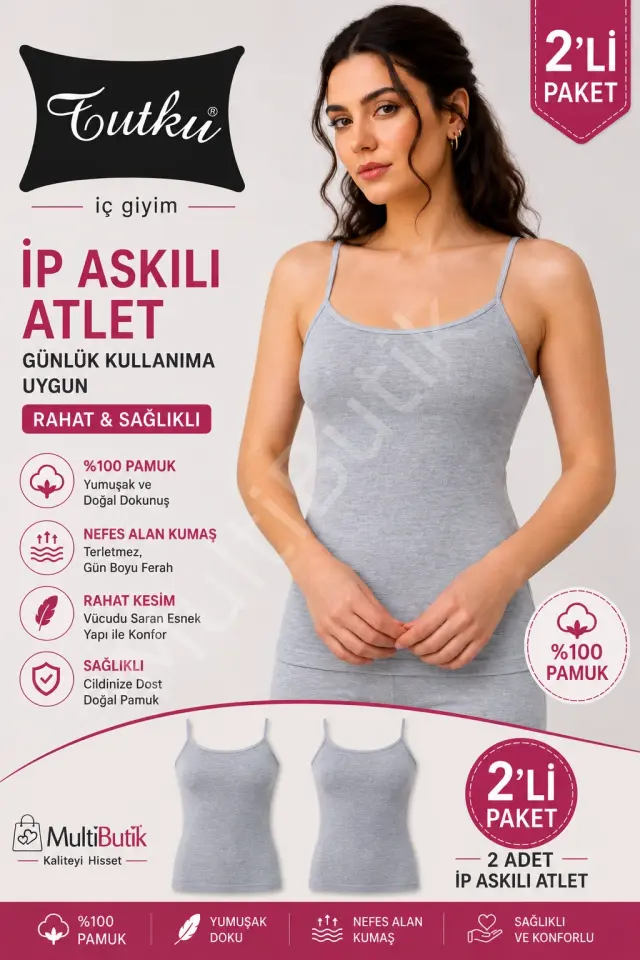 Tutku Kadın Pamuklu Ip Askılı Gri Ribana  Atlet 2'li