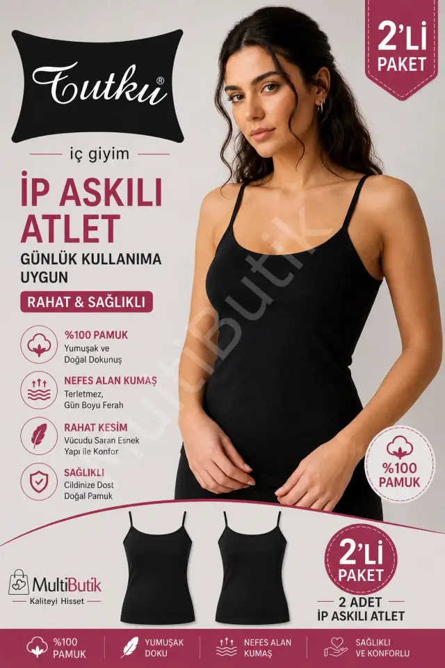 Tutku Kadın Pamuklu Ip Askılı Siyah Ribana  Atlet 2'li