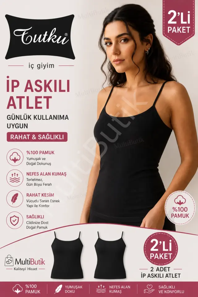 Tutku Kadın Pamuklu Ip Askılı Siyah Ribana  Atlet 2'li