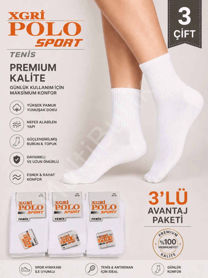 XGRİ Polo Sport Premium Pamuklu Erkek Tenis Çorabı – 3 Çift