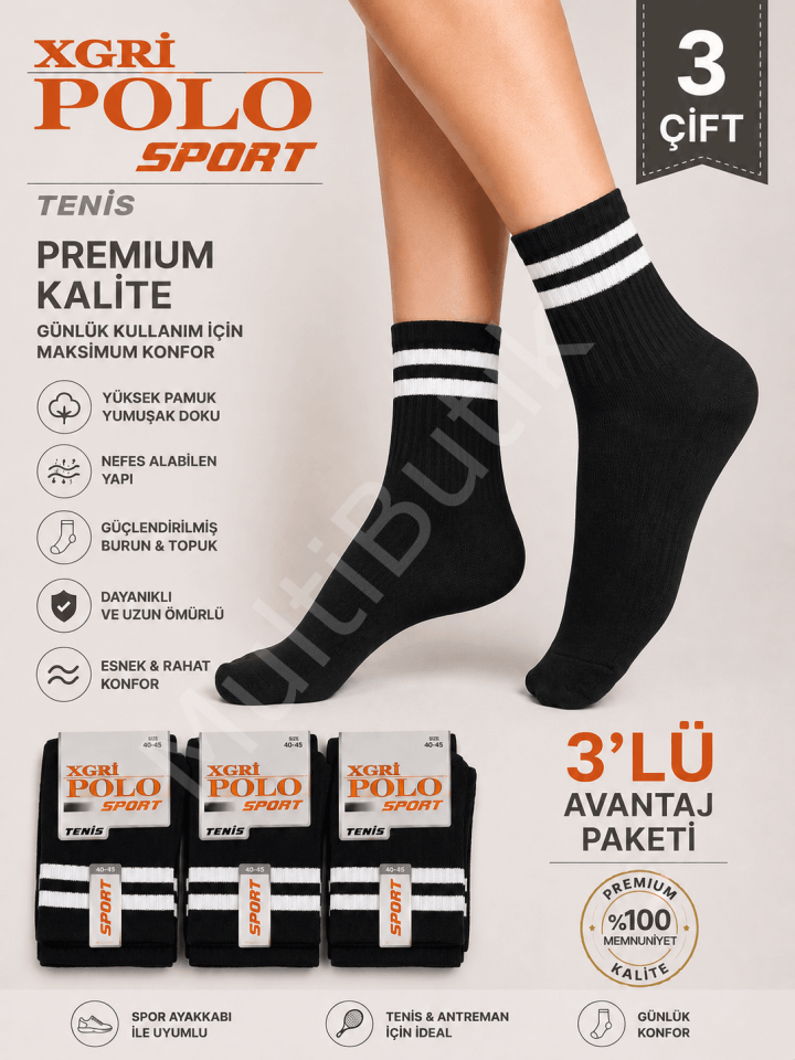 XGRİ Polo Sport Premium Pamuklu Erkek Tenis Çorabı – 3 Çift