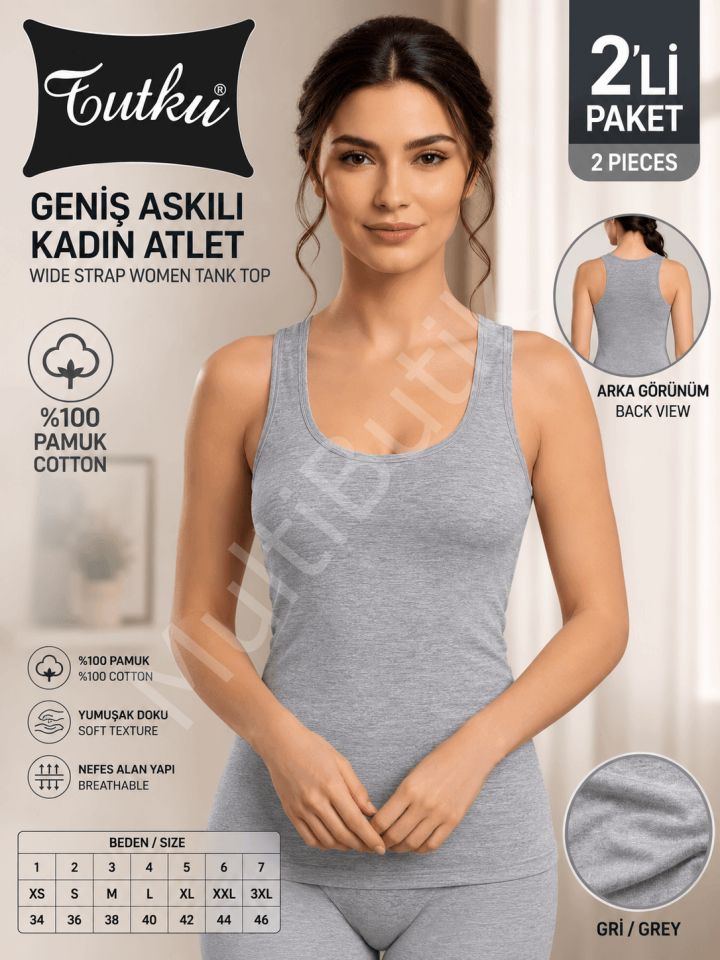 Tutku Geniş Askılı Kadın Atlet 2’li Paket – Gri