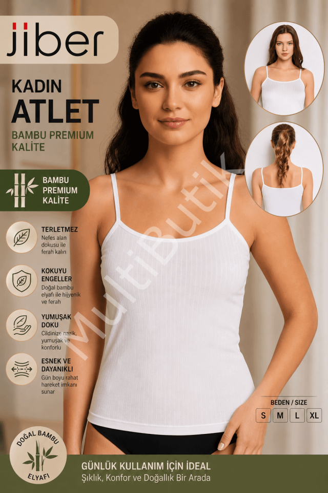 JİBER İp Askılı Bambu Premium Beyaz Kadın Atlet