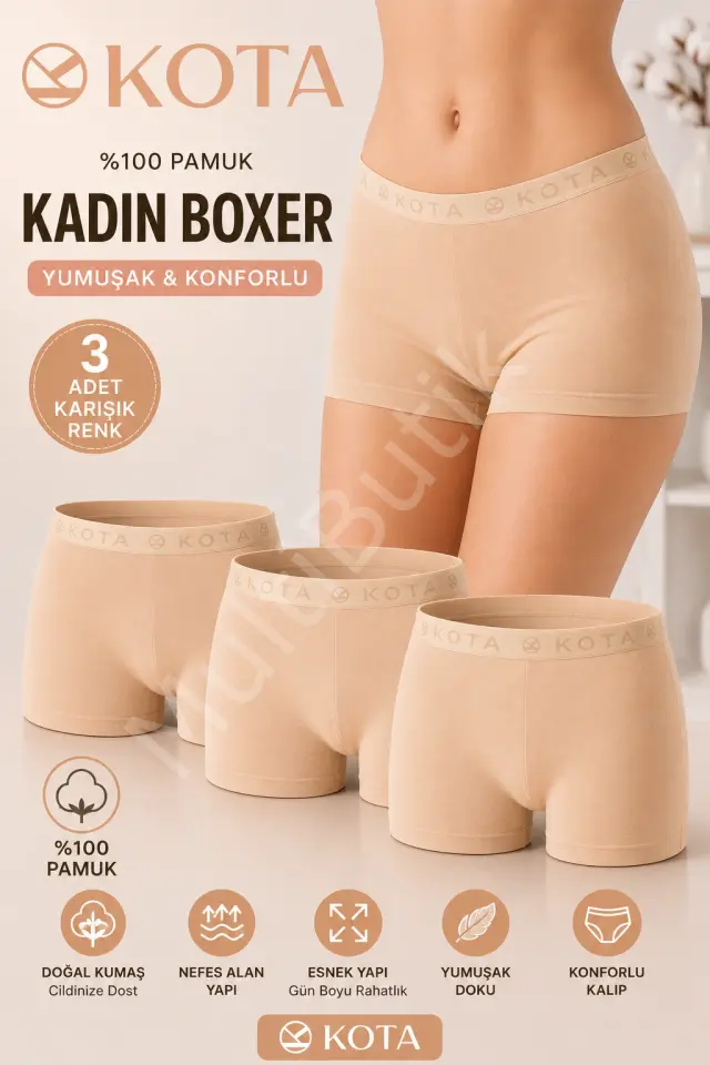 Kota %100 Pamuk Kadın Boxer – 3’lü Paket - Ten Rengi