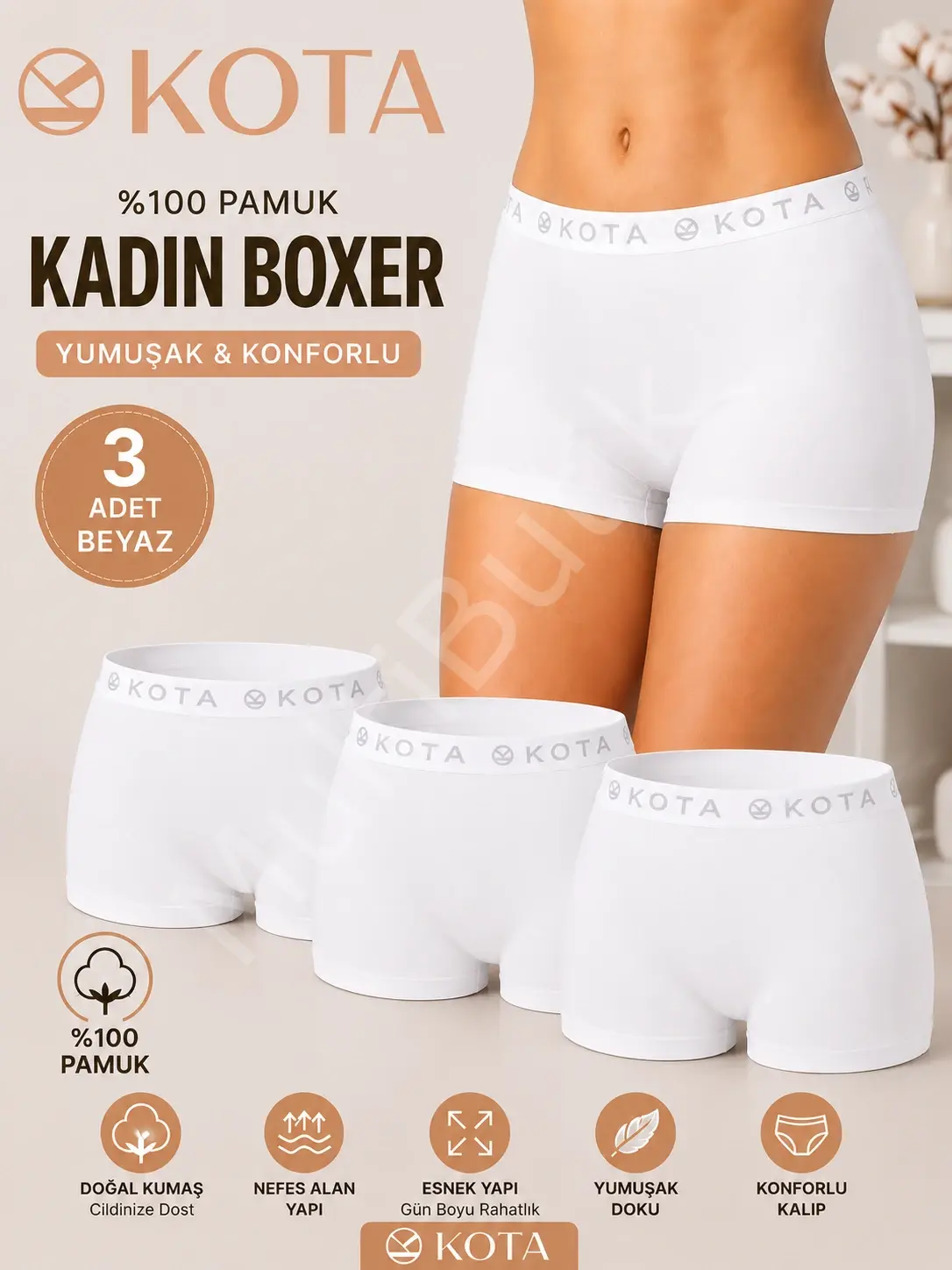 Kota %100 Pamuk Kadın Boxer – 3’lü Paket - Beyaz