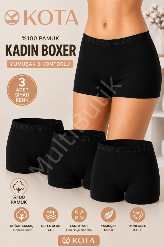 Kota %100 Pamuk Kadın Boxer – 3’lü Paket - Siyah