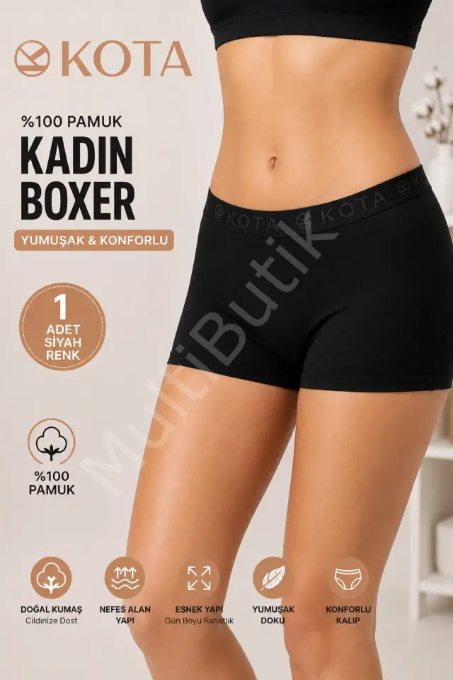 Kota %100 Pamuk Kadın Boxer – Tekli – Siyah