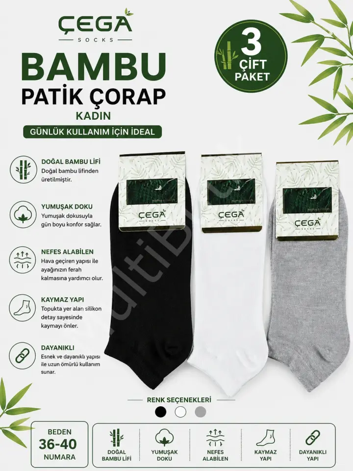 3 Çift – Çega Bambu Kadın Patik Çorap Siyah, Beyaz, Gri