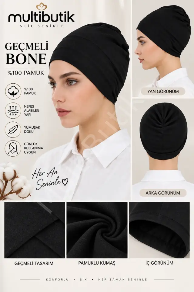 %100 Pamuk Geçmeli Tesettür Bone – Siyah