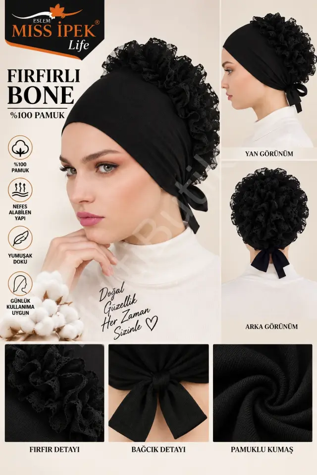 %100 Pamuk Fırfırlı Tesettür Bone – Siyah