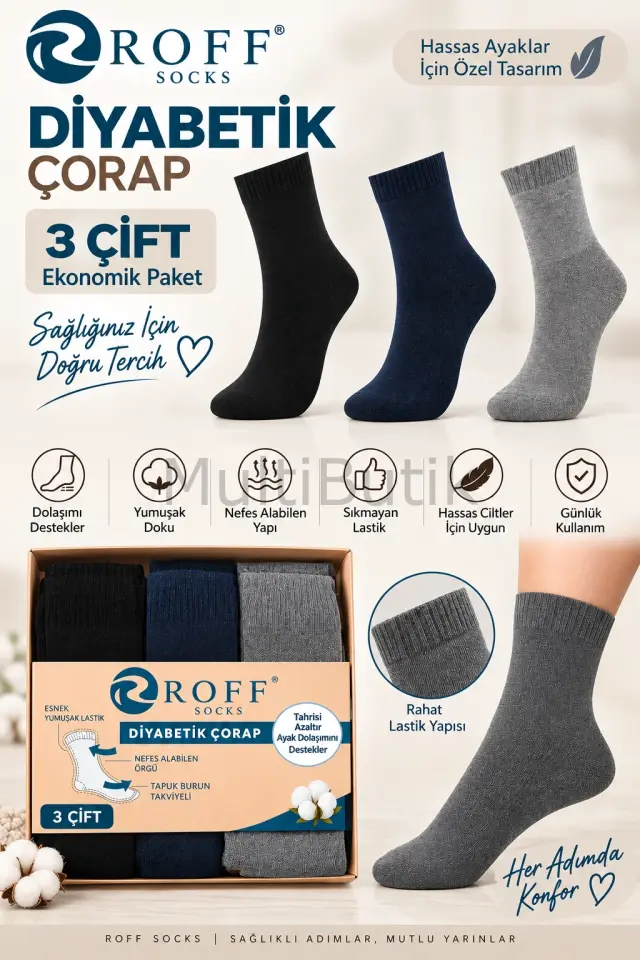 ROFF Diyabetik Çorap – 3 Çift Ekonomik Paket