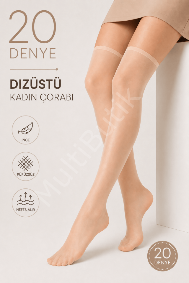 Kadın Diz Üstü 2 Çift 20 Denye Lastikli Mat Çorap Sahra Rengi