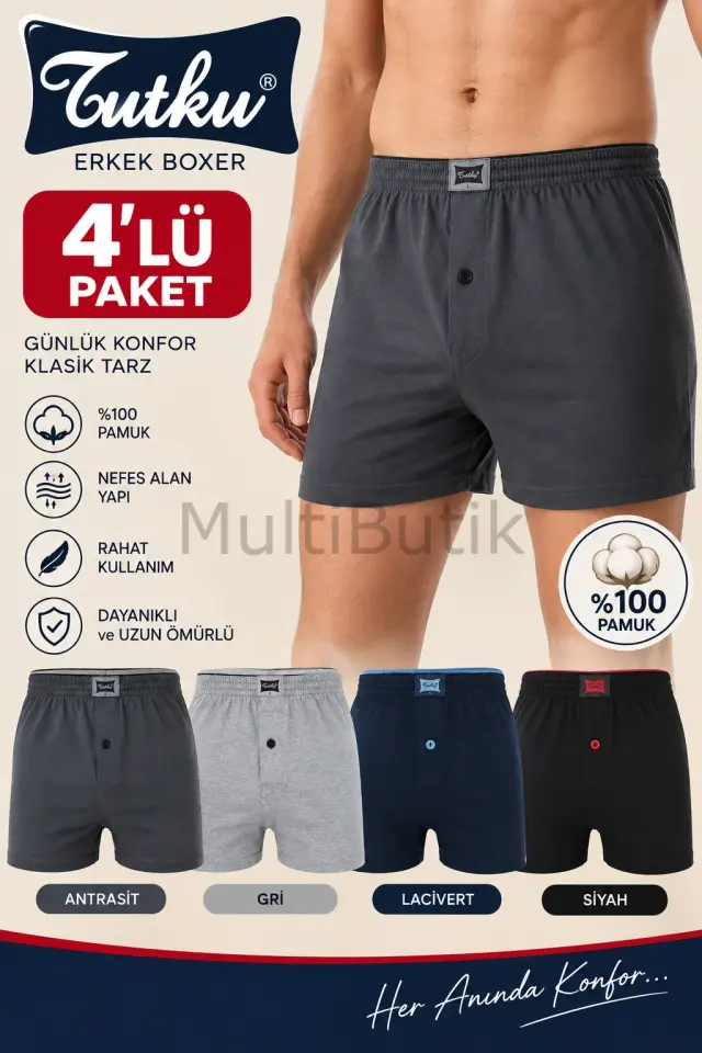 Erkek Gri Penye Düz Boxer 4'lü