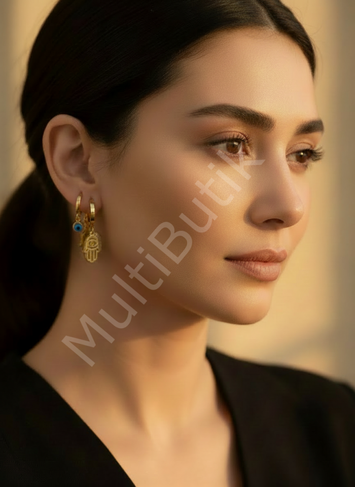 Zirkon Taşlı Fatma Ana Figürlü Çelik Üçlü Küpe