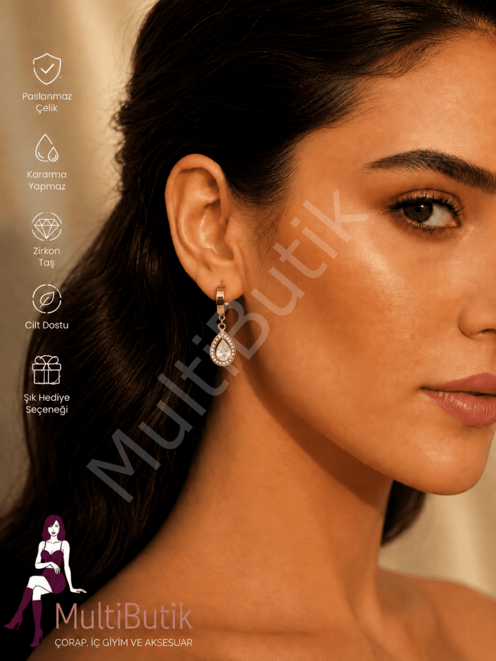 Zirkon Taşlı Damla Model Çelik Halka Küpe