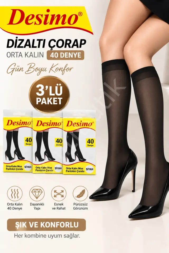 Desimo 40 Denye Orta Kalın Dizaltı Çorap – 3’lü Paket