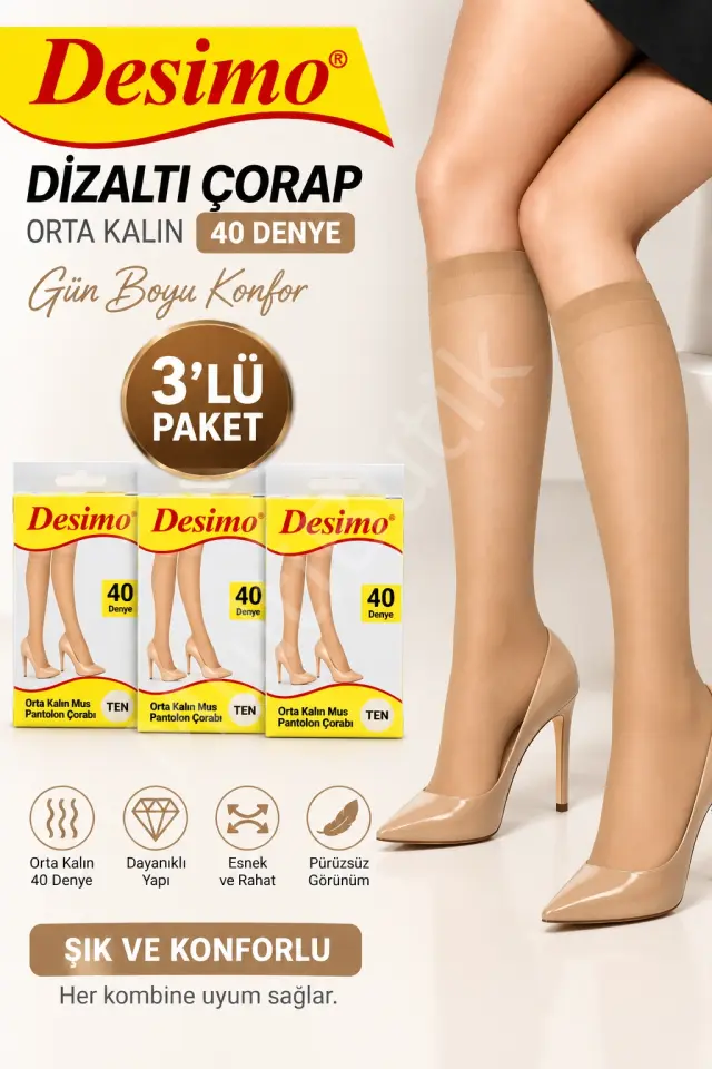 Desimo 40 Denye Orta Kalın Dizaltı Çorap – 3’lü Paket