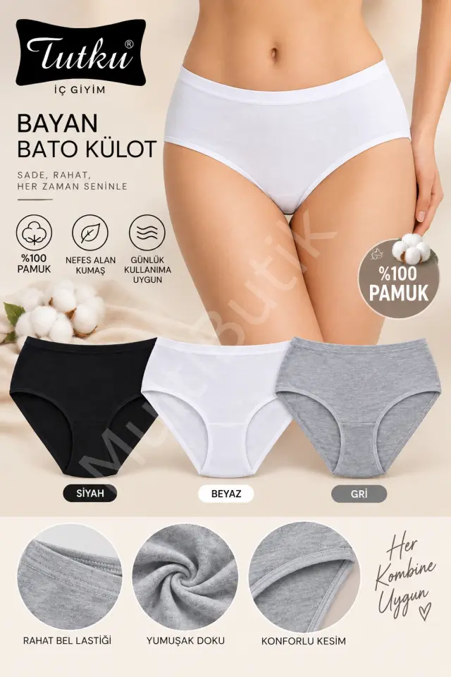 Tutku Bayan Bato Külot  – 3'lü – Siyah Beyaz Gri