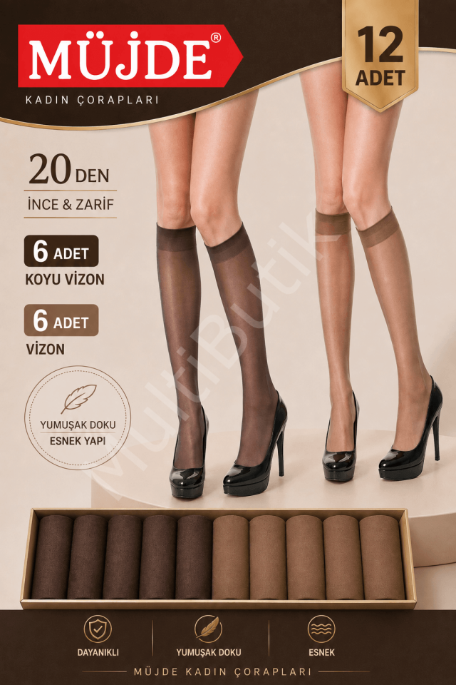12 Adet - Müjde 20 Den İnce Dizaltı Kadın Çorabı Vizon & Koyu Vizon