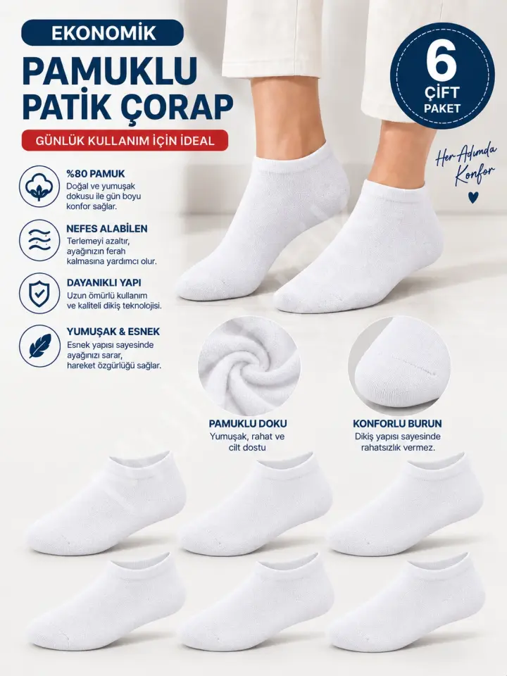 6 Çift Ekonomik Pamuklu Patik Çorap