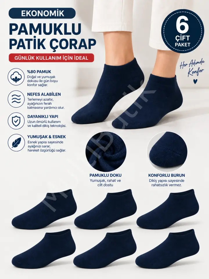 6 Çift Ekonomik Pamuklu Patik Çorap
